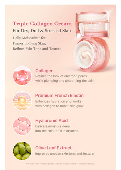 Medicube Triple Collagen Cream - Hydrating & Firming Moisturizer with Hyaluronic Acid, Premium Elastin, Shea Butter - Wrinkle Care & Boosts Elasticity