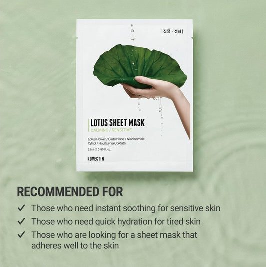 ROVECTIN Lotus Sheet Mask -  Calming / Sensitive Packed with Lotus Flower Extract For Soothing and Long Lasting Hydration - 1 Mask