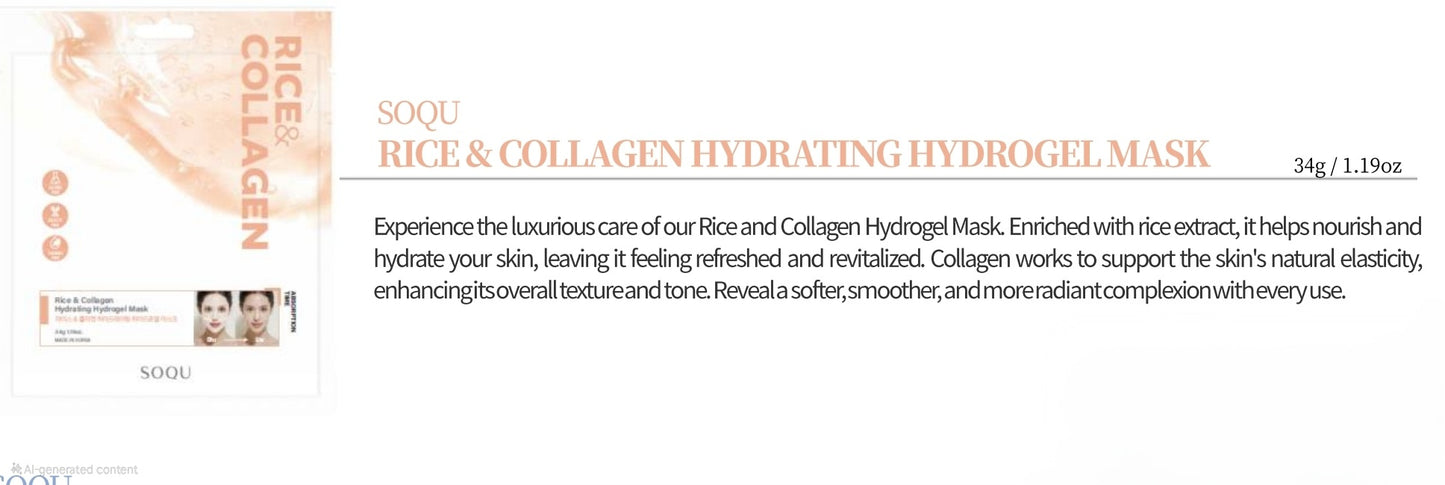 SOQU Rice & Collagen Hydrating Hydrogel Mask - Designed to moisturize, brighten, and improve skin elasticity
