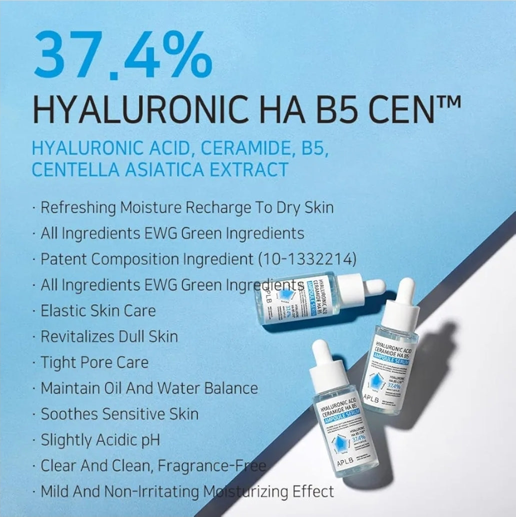 APLB Hyaluronic Acid Ceramide HA B5 Ampoule Serum - HYALURONIC HA B5 CEN 37.4%, Long lasting moisturizing, Revitalize for gentle and improve skin texture
