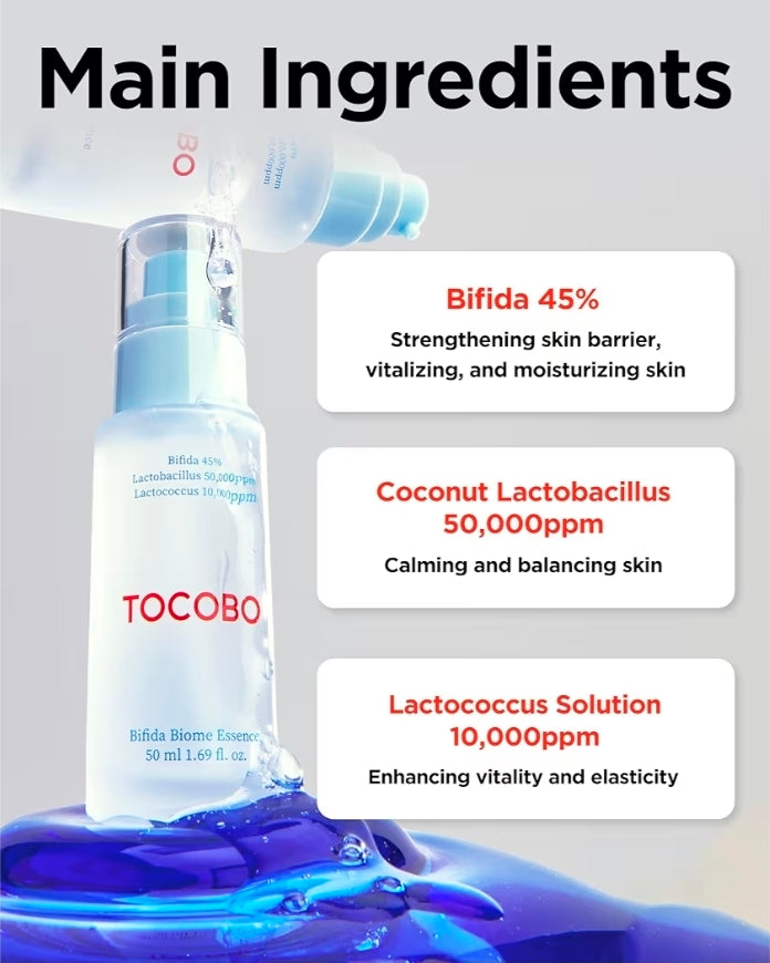 Tocobo Bifida Biome Essence – Sérum facial vegano con 45 % de bífida y complejo probiótico para fortalecer la barrera cutánea, hidratar, calmar y reafirmar – Fórmula en gel ligero
