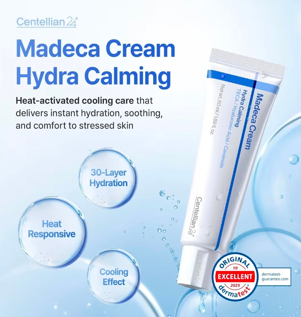 CENTELLIAN24 MADECA CREAM HYDRA CALMING – Cooling hydrating face cream designed to soothe irritation, control excess sebum, strengthen the skin barrier, and provide heat reactive calming moisture for sensitive and acne prone skin