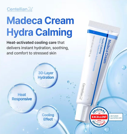 CENTELLIAN24 MADECA CREAM HYDRA CALMING – Cooling hydrating face cream designed to soothe irritation, control excess sebum, strengthen the skin barrier, and provide heat reactive calming moisture for sensitive and acne prone skin