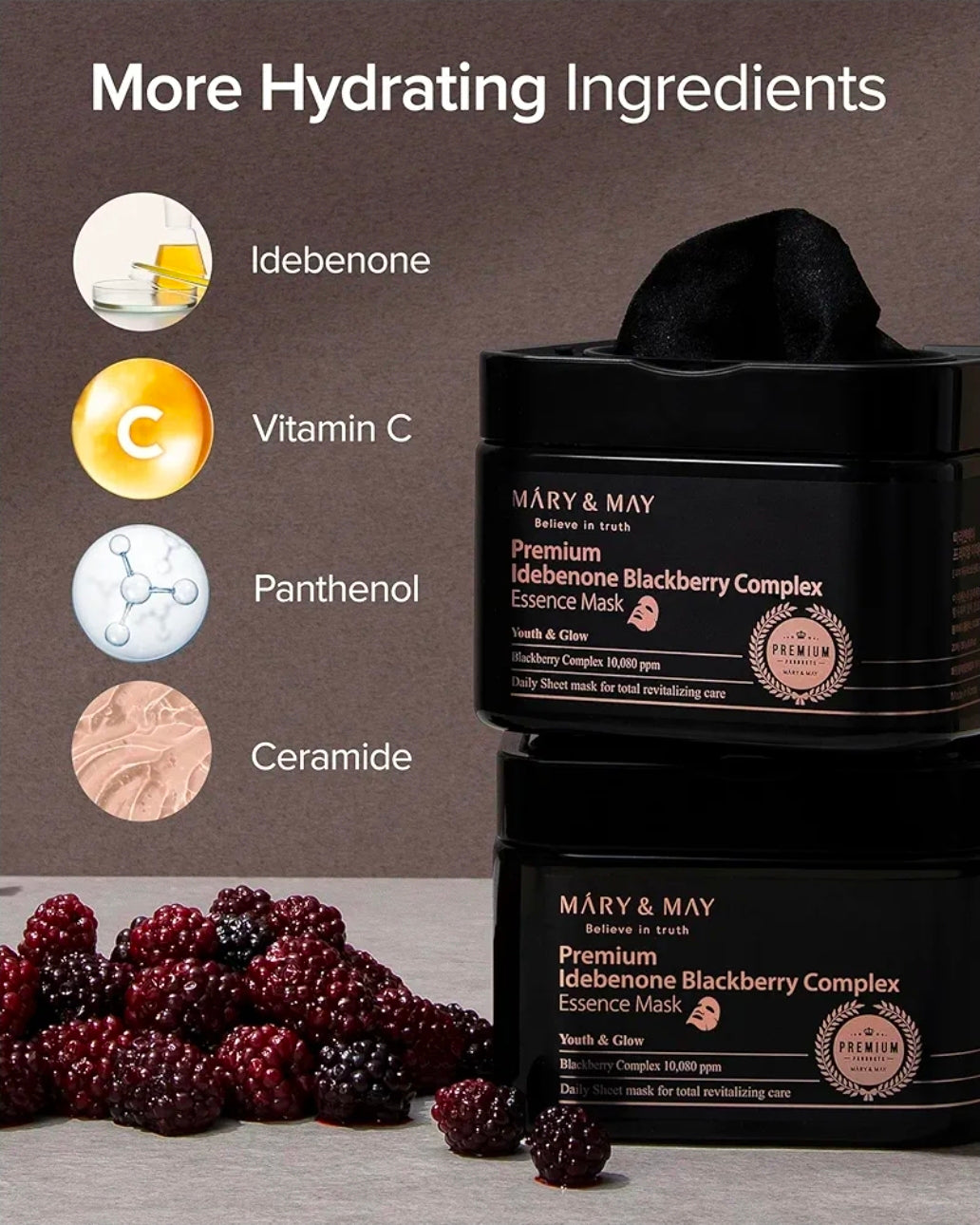 Mascarilla de esencia premium con complejo de idebenona y mora de Mary & May - Antiedad de dosificación rápida - Vitamina C, pantenol y ceramida para una piel hidratada y radiante