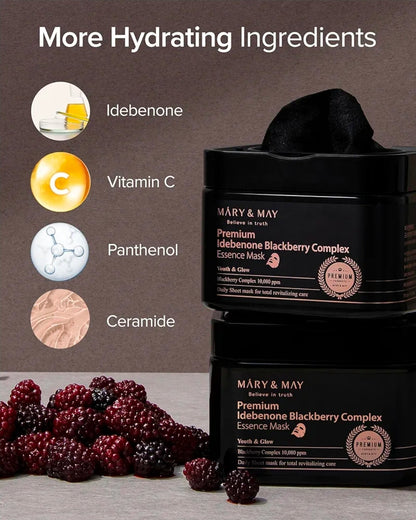 Mascarilla de esencia premium con complejo de idebenona y mora de Mary & May - Antiedad de dosificación rápida - Vitamina C, pantenol y ceramida para una piel hidratada y radiante