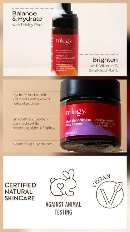 Trilogy Set - Vitamin C Cleansing Mousse & Line Smoothing Day Cream - Brightening, Anti-Aging, Antioxidant