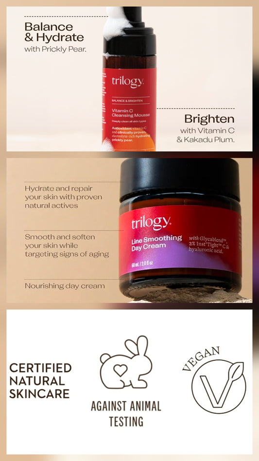 Trilogy Set - Vitamin C Cleansing Mousse & Line Smoothing Day Cream - Brightening, Anti-Aging, Antioxidant