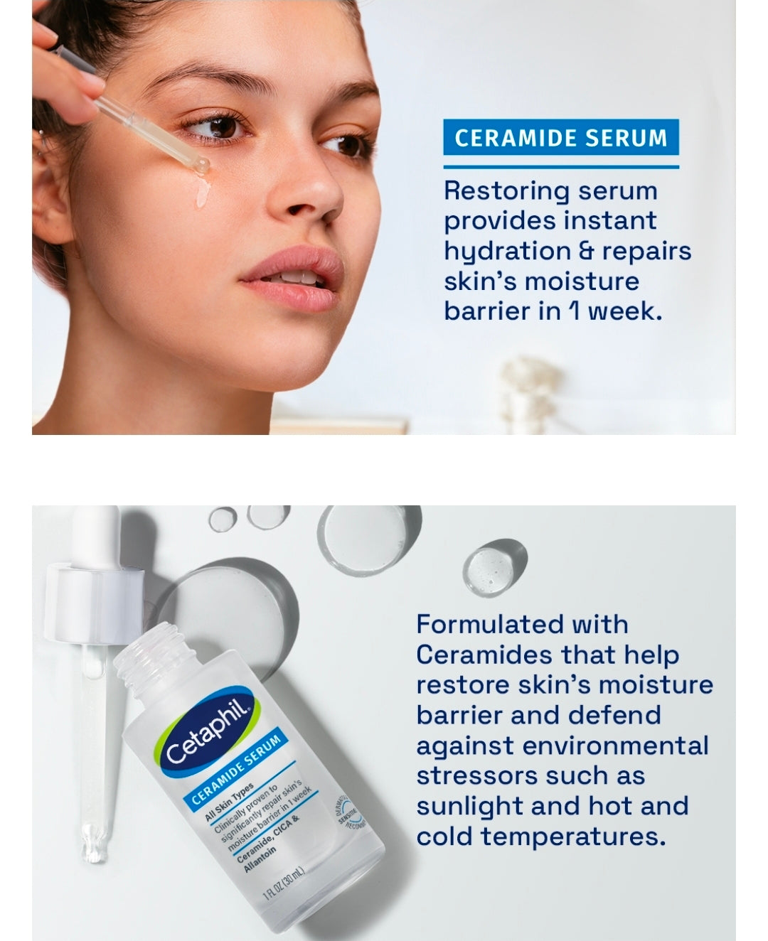 Suero de ceramidas Cetaphil: hidrata y restaura la barrera cutánea. Formulado con ceramidas y centella asiática. Diseñado para pieles sensibles. Sin fragancia. Probado por dermatólogos.