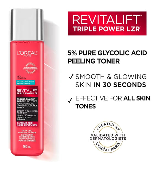 L'Oréal Paris Revitalift 5% Pure Glycolic Acid - Tónico exfoliante con aloe vera, sin alcohol ni fragancia