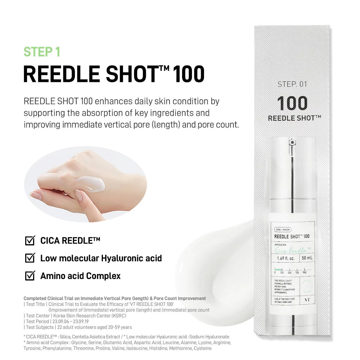 Set de regalo VT Cosmetics Reedle Shot 100: 1 suero VT REEDLE CICA SHOT 100 (28 ml) y 3 mascarillas