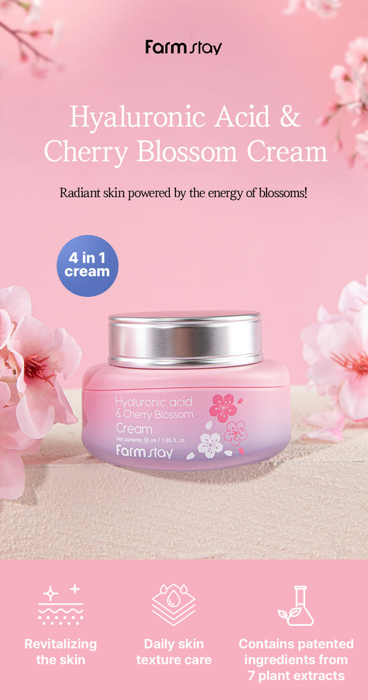 Farmstay Hyaluronic Acid & Cherry Blossom Cream - Brightening and Anti-Wrinkle, Moisturizes, glow, softness, and firmness