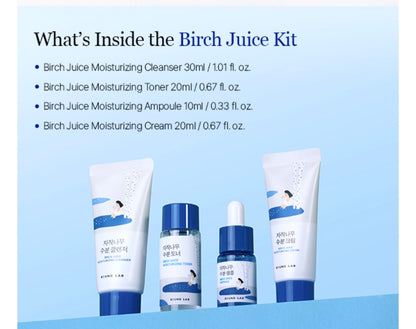 ROUND LAB Birch Juice Moisturizing Mini Kit - 4-Step Travel Size Skincare Set (Cleanser, Toner, Serum, Cream), for Acne-Prone and Sensitive Skin