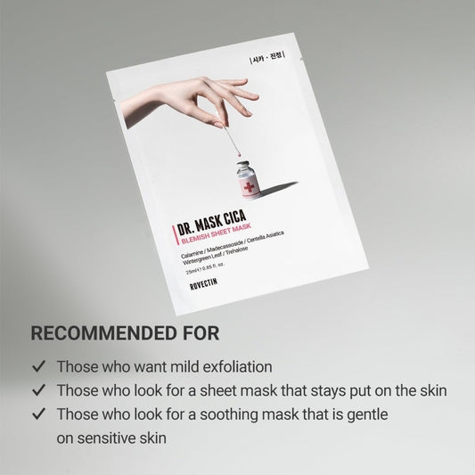 ROVECTIN Dr. Mask CICA Blemish Sheet Mask - Soothing and Hydrating with Calamine and Madecassoside - 1 Mask