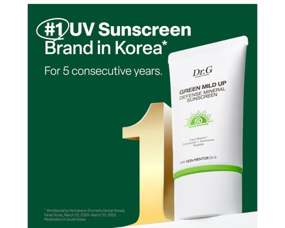 Dr. G Green Mild Up Defense Mineral Sunscreen - SPF 50 Broad Spectrum Korean Sunscreen - Lightweight & Reef-Safe Mineral Formula - For Sensitive Skin - Non-Greasy - With Centella Asiatica