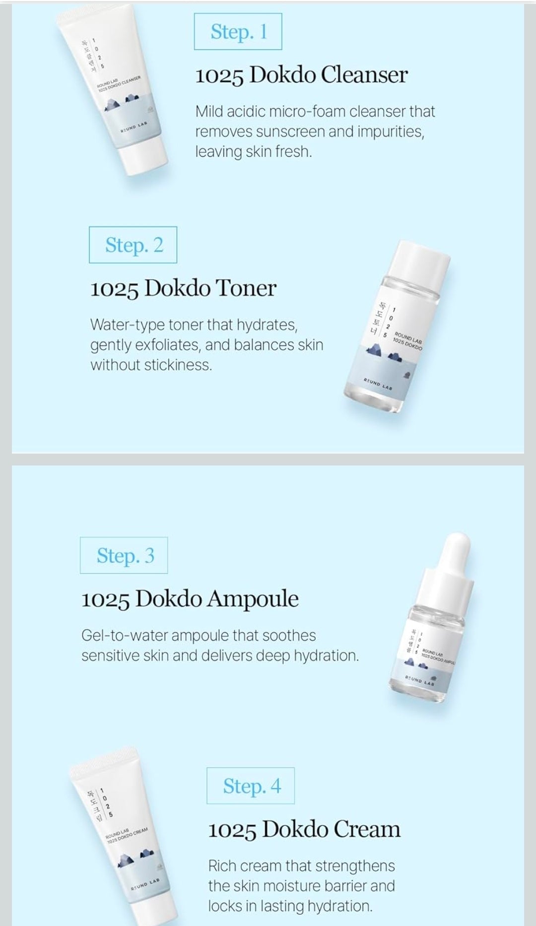 Kit hidratante mini ROUND LAB 1025 Dokdo (limpiador, tónico, ampolla y crema). Hidratación profunda para piel seca. Kit de prueba para el cuidado diario de la piel.