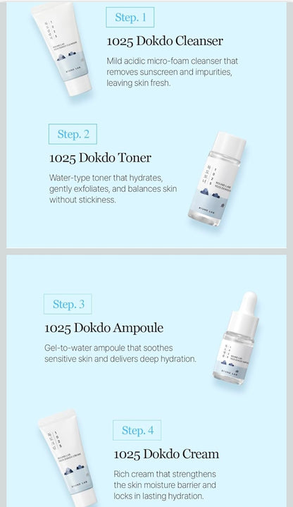 Kit hidratante mini ROUND LAB 1025 Dokdo (limpiador, tónico, ampolla y crema). Hidratación profunda para piel seca. Kit de prueba para el cuidado diario de la piel.