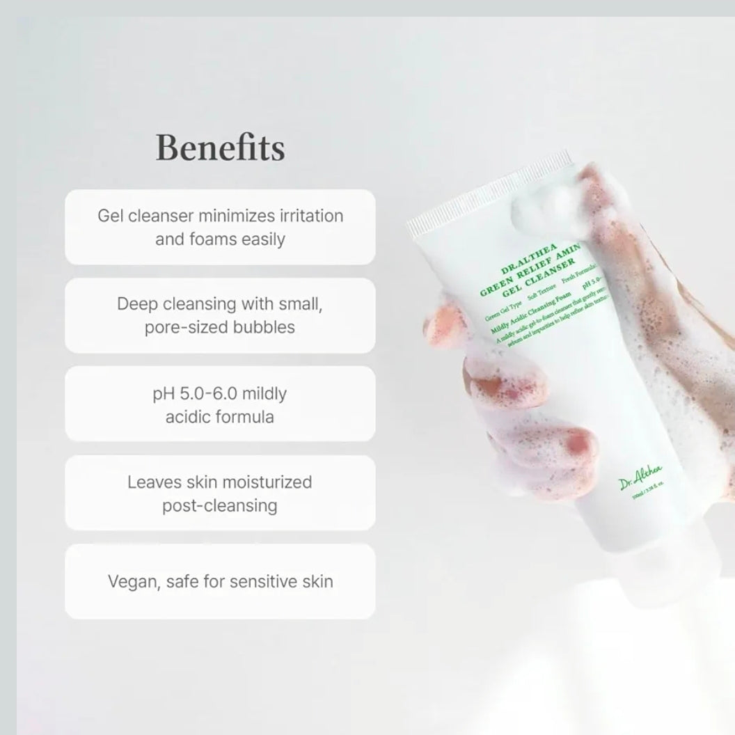 Dr. Althea Green Relief Amino Gel Cleanser - Lightweight & Hydrating Makeup Remover, Daily Face Wash with Hyaluronic Acid