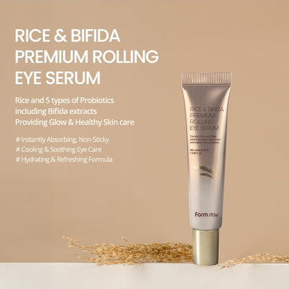 Suero para ojos Farmstay Rice &amp; Bifida Premium con niacinamida, corrector, refrescante y calmante para las manchas oscuras. Crema para ojos para la hinchazón.