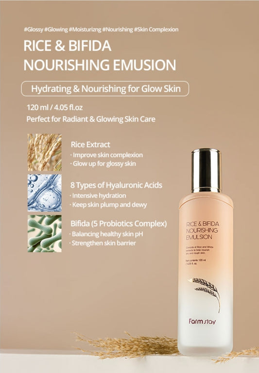 Emulsión nutritiva de arroz y bífida Farmstay: corrector de manchas oscuras con niacinamida, hidratante y suavizante de arroz para una piel radiante.