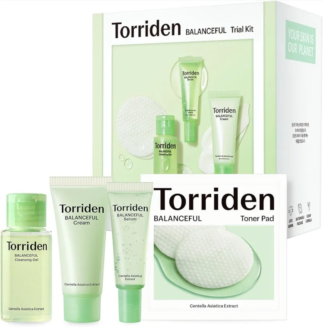 Torriden BalanceFul Cica Trial Kit - Centella Asiatica Extract - Cica Infused Daily Skincare Kit - 4 Step Regimen with Cleansing Gel, Toner Pad, Serum, and Cream - 4 Piece Set