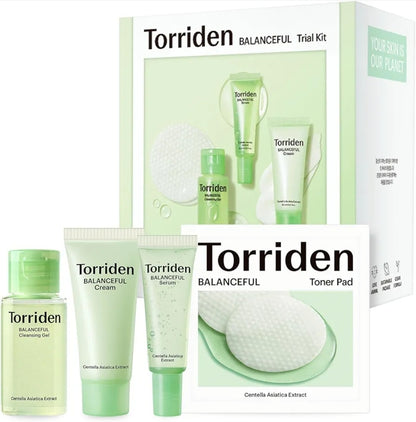 Torriden BalanceFul Cica Trial Kit - Centella Asiatica Extract - Cica Infused Daily Skincare Kit - 4 Step Regimen with Cleansing Gel, Toner Pad, Serum, and Cream - 4 Piece Set