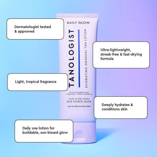 Loción corporal hidratante Tanologist Daily Glow - Tono medio/oscuro - Autobronceador gradual, sin olor, sin marcas y de aspecto natural, hidratante, vegano