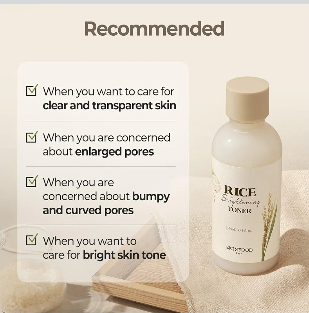 Skinfood Rice Brightening Toner - Glow Glass Skin, Natural Rice Water Milk for Pore Minimizing, Hydrating, Glowing Skin, Vegan
