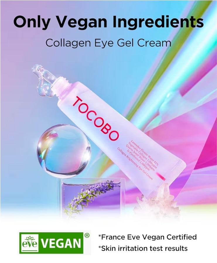 Crema iluminadora de colágeno Tocobo para ojos en gel: tratamiento vegano con retinol para ojeras e hinchazón. Fórmula ligera e hidratante con niacinamida y lavanda. Aclara las líneas de expresión.