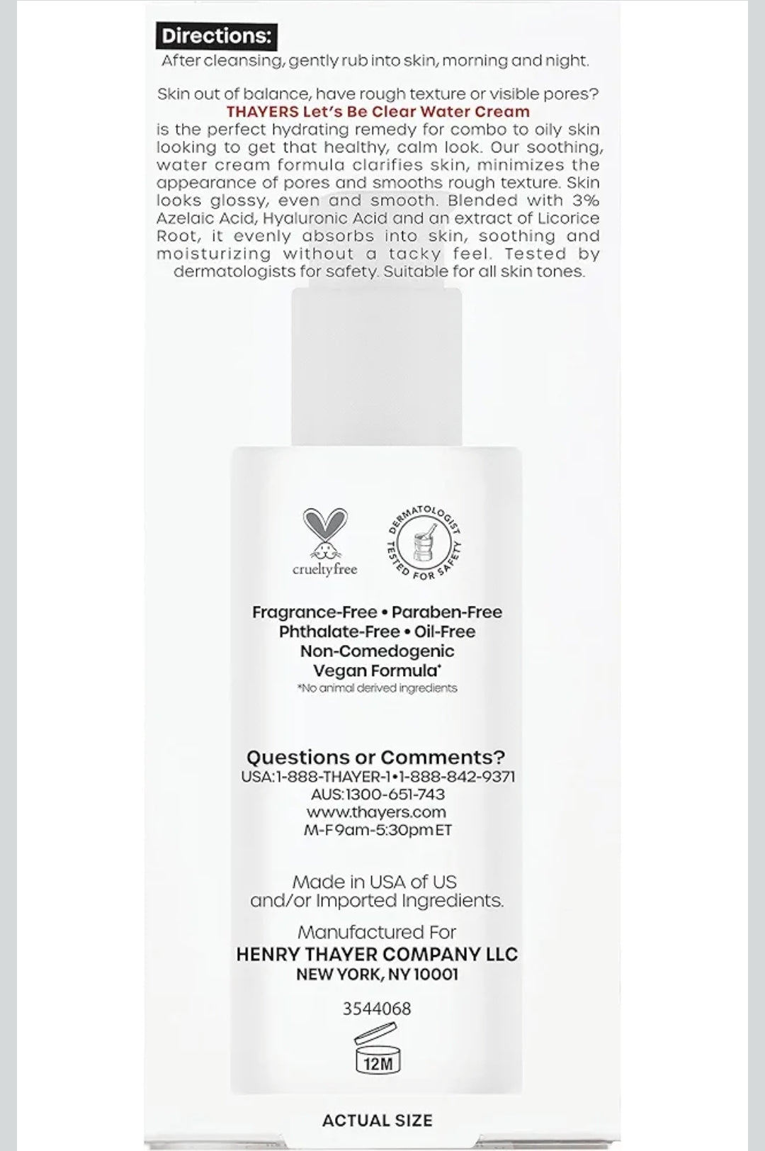 THAYERS Let's Be Clear Water Face Cream - Moisturizer with Azelaic Acid and Hyaluronic Acid, Skin Care for Oily to Combination Skin