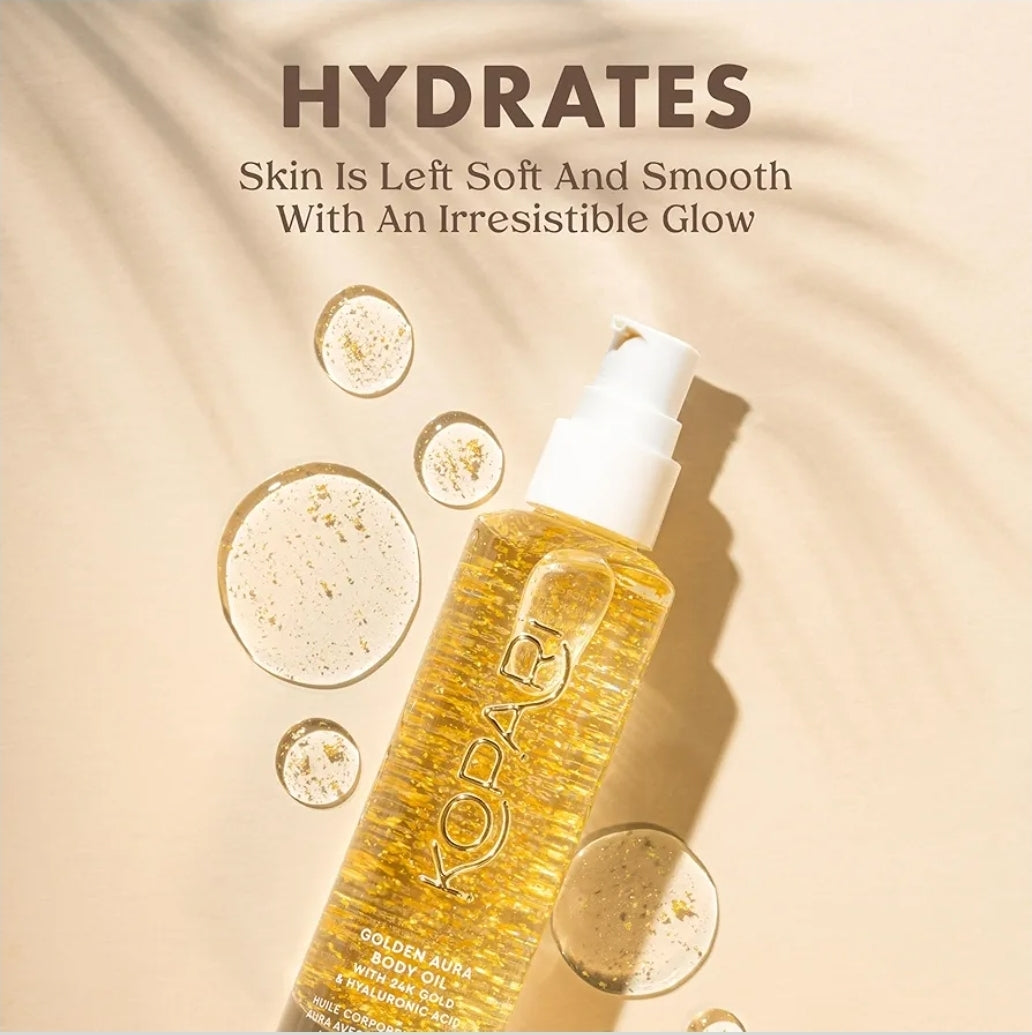 Kopari Golden Aura Body Oil with 24k Gold & Hyaluronic Acid - Hydrating Formula for Glowing Skin, Improves firmness and smoothness