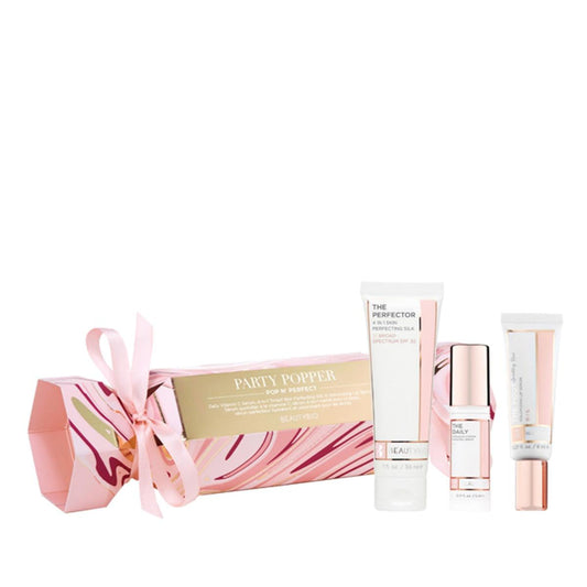 BeautyBio Pop N' Perfect Skincare + Lip Party Popper Set with Tinted Skin Silk Broad Spectrum SPF 30