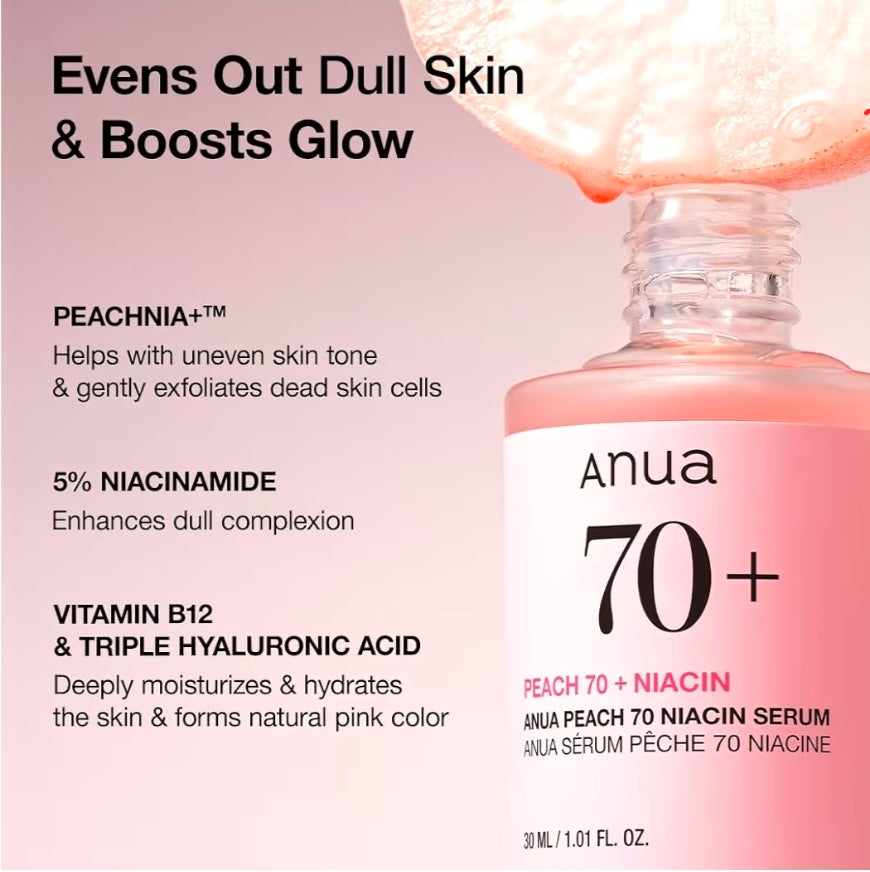 Suero iluminador con niacinamida Anua Peach 70: suero hidratante facial para pieles apagadas, ilumina e hidrata.