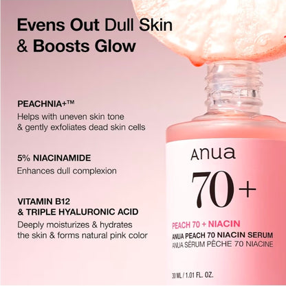 Suero iluminador con niacinamida Anua Peach 70: suero hidratante facial para pieles apagadas, ilumina e hidrata.
