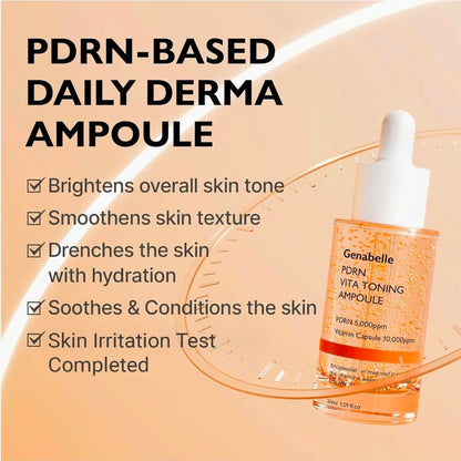 Genabelle PDRN Vita Toning Ampoule - Lightweight Glass Skin & Toning Ampoule with Vitamin B, C, E, PDRN, Serum for Blemishes, Fine Lines and Rough Skin Texture, 1.01oz