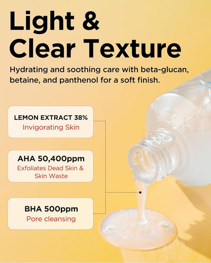 Tónico facial de limón TOCOBO AHA BHA: vitamina C y extracto de limón, AHA, BHA, calmante, hidratante, vegano.