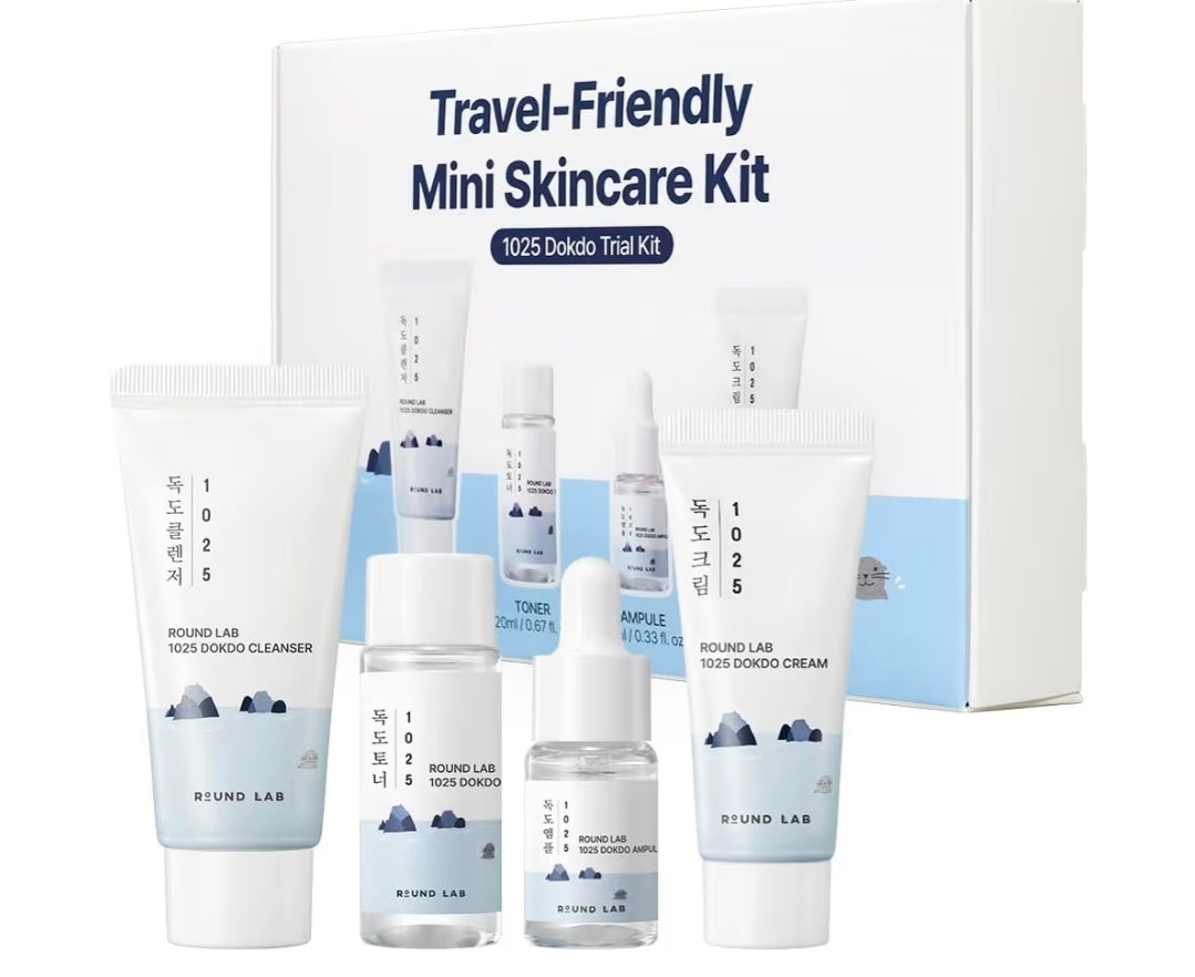 Kit hidratante mini ROUND LAB 1025 Dokdo (limpiador, tónico, ampolla y crema). Hidratación profunda para piel seca. Kit de prueba para el cuidado diario de la piel.