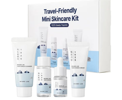 Kit hidratante mini ROUND LAB 1025 Dokdo (limpiador, tónico, ampolla y crema). Hidratación profunda para piel seca. Kit de prueba para el cuidado diario de la piel.