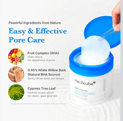 Almohadillas tónicas medicube Zero Pore Pad 2.0: almohadilla facial de doble textura para exfoliación y cuidado de los poros con 4,5 % de ácido láctico AHA y 0,45 % de ácido salicílico BHA.