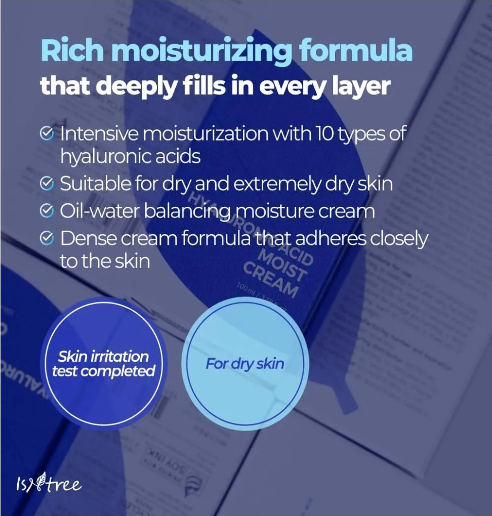 ISNTREE Hyaluronic Acid Moist Cream - Deep Hydration for Dry Skin, Balances Oil & Moisture, Lightweight & Non-Greasy, Fragrance-Free