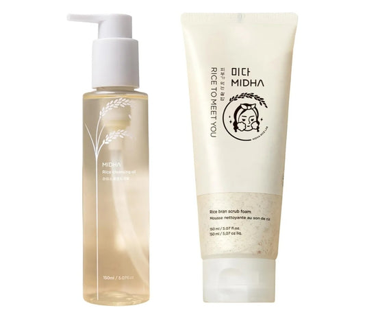 MIDHA Rice Cleansing Oil + Rice Bran Scrub Foam - Facial Cleanser Daily Makeup Remover Set - Long Lasting Cleanser & Hydration - 2 Piece Set