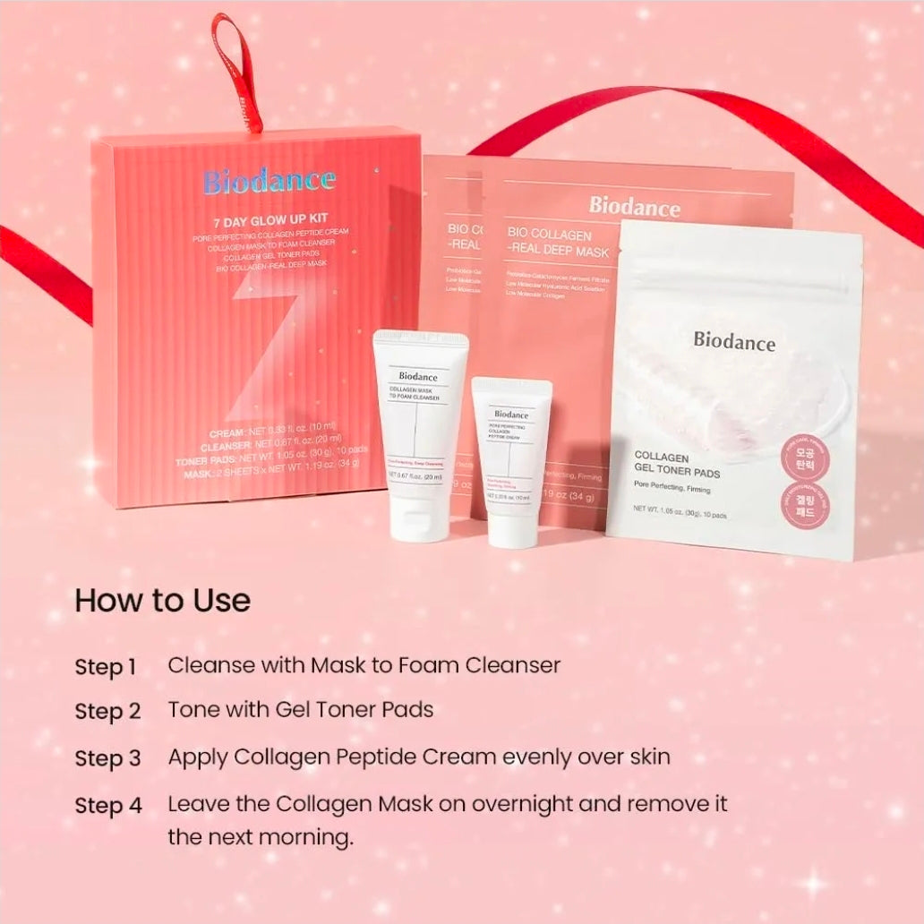 BIODANCE 7 Day Glow Up Set - Collagen Set for Glass-Skin, Korean Skin Care with Cleanser, Toner Pads, Moisturizer, Gel Masks, All-in-One Skin Care Set