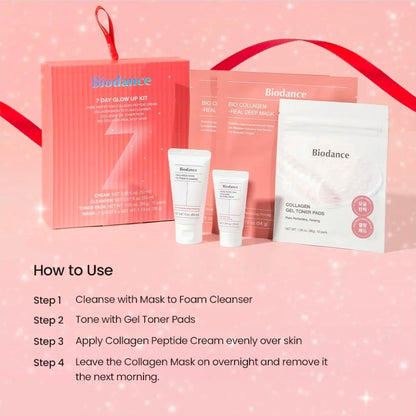 BIODANCE 7 Day Glow Up Set - Collagen Set for Glass-Skin, Korean Skin Care with Cleanser, Toner Pads, Moisturizer, Gel Masks, All-in-One Skin Care Set