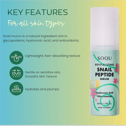 SOQU Revitalizing Snail Peptide Serum - Hydrating Serum with Snail Extract, Peptides, Niacinamide and Hyaluronic Acid, Improves Skin Texture and Tone