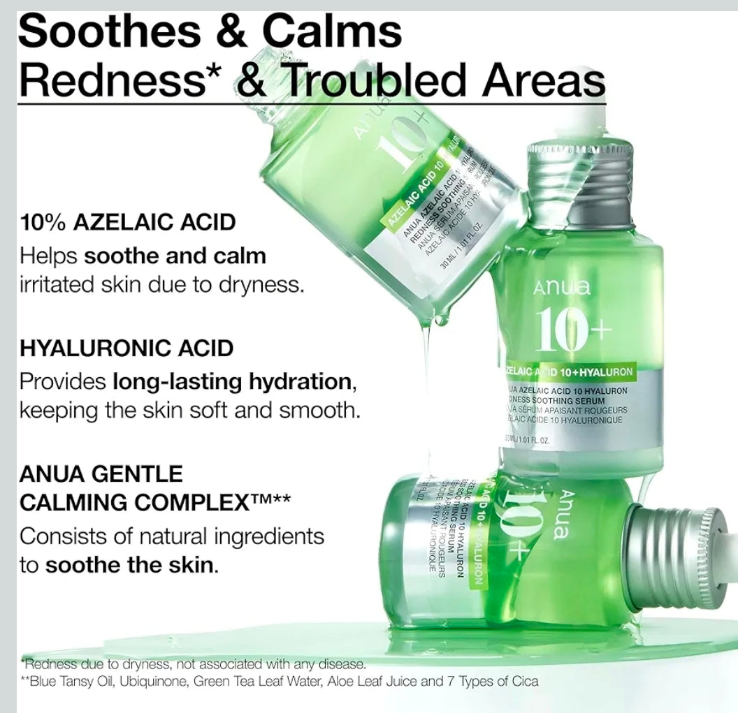 Anua Azelaic Acid 10 Hyaluron Redness Soothing Serum, Facial Serum for Troubled & Sensitive Skin, Breakouts, Hyaluronic Acid, Niacinamide, Spot Care, Natural Color
