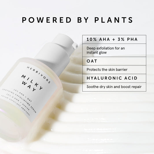 Herbivore Milky Way 10% AHA + Oat Soothing Exfoliating Serum - Deeply exfoliates the surface of skin for instant glow and repairs the skin barrier