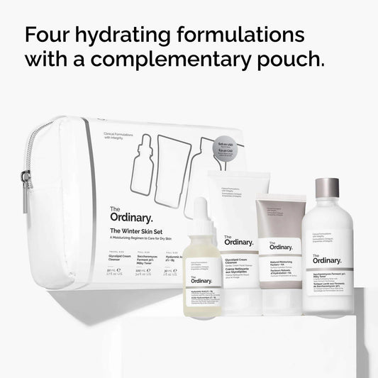 Set de cuidado de la piel The Ordinary para invierno/verano para hidratación: una colección de cuatro fórmulas hidratantes, en una bolsa complementaria, para proteger la piel seca frente a las inclemencias del tiempo y la piel sensible.