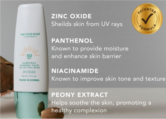 THE FACE SHOP Protector solar mineral diario FPS 50 - Protector solar coreano para el rostro con óxido de zinc, pantenol y niacinamida para piel sensible