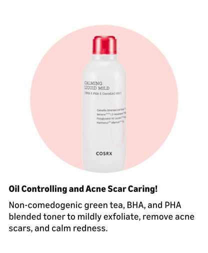 COSRX Calming Liquid Mild: solución perfecta que ayuda a prevenir el acné leve mientras se elimina el sebo con agua de té verde, BHA y PHA.