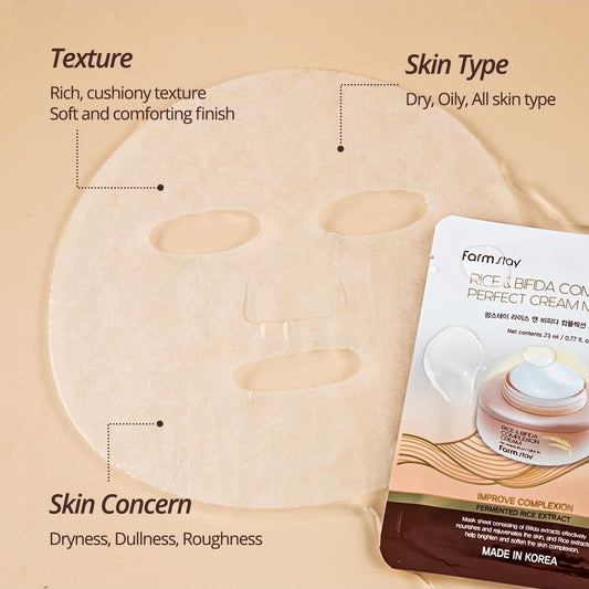 Mascarilla en crema perfecta Farmstay Rice &amp; Bifida Complexion con niacinamida y ácido hialurónico - Hidratante y antiedad - 1 mascarilla