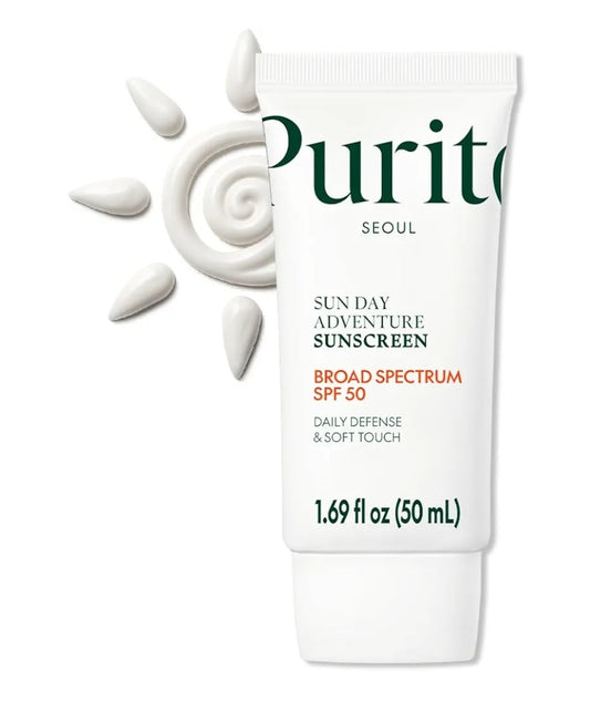 PURITO Sun Day Adventure Korean Sunscreen - Smoothest and Lightest Texture Broad Spectrum SPF 50 UVA & UVB Protection No White Cast Oil Free For All Skin Types Vegan Daily Skin Care